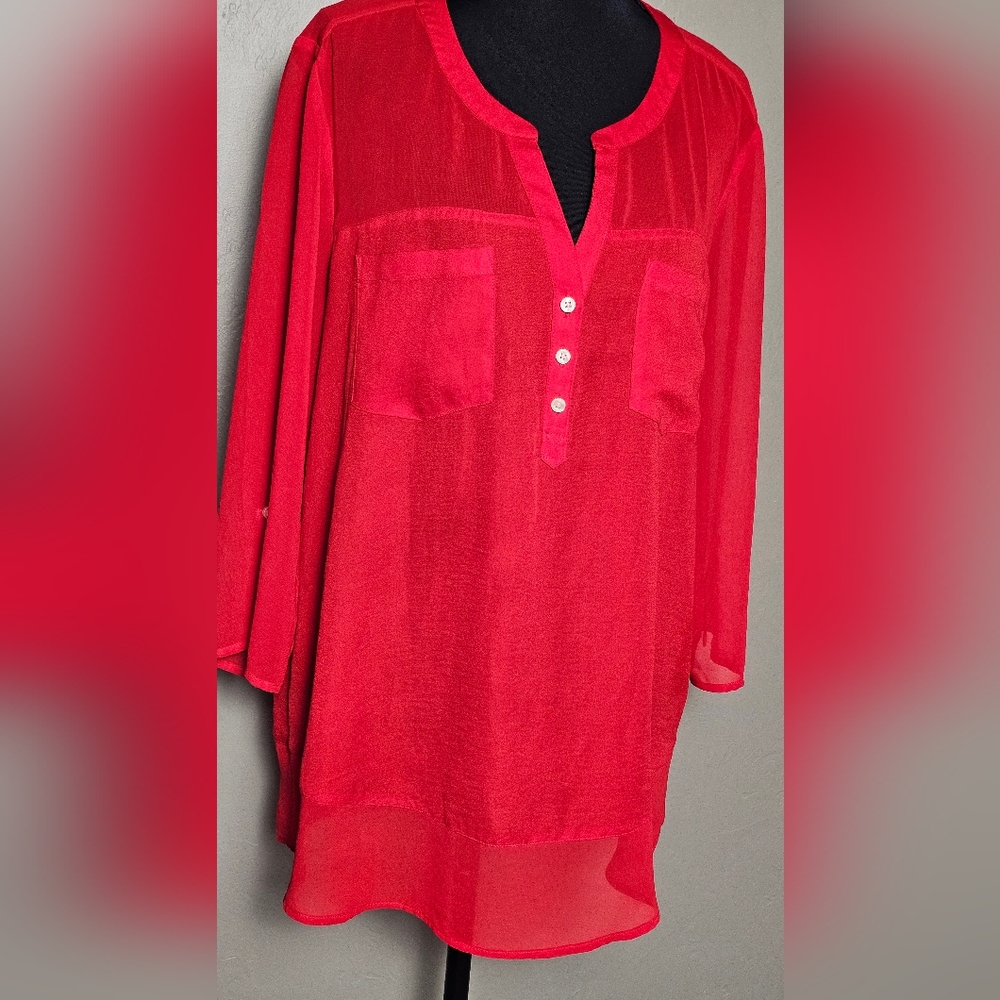 [EXPRESS] Bright Red Partially Sheer & Lined Blouse ○● Half Button-Down V-Neck - Picture 6 of 16